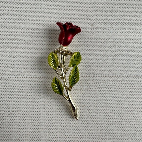 Red Rose Enamel Brooch Pin Gold Tone With Green Leaf Accents Vintage - Picture 10 of 10